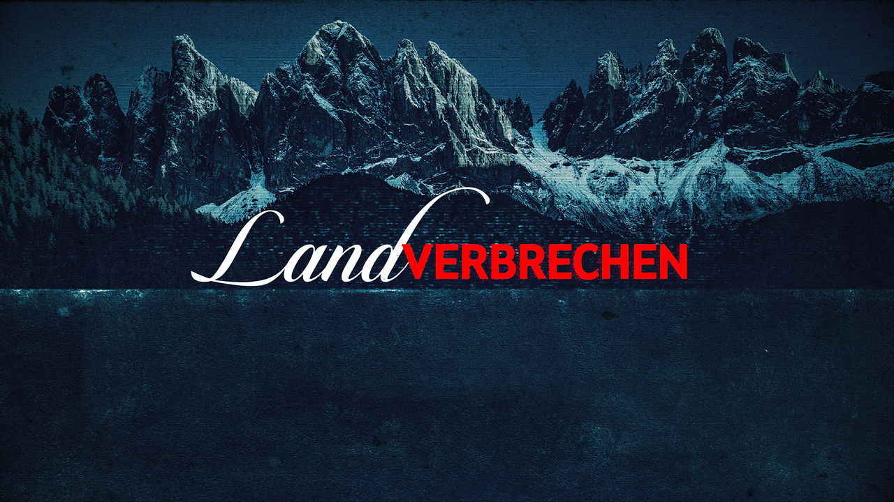 Eine stilisierte Grafik zeigt ein dunkles, alpines Bergpanorama mit Schnee, in der Mitte liegt der Schriftzug „Landverbrechen“, wobei „Land“ elegant weiß und „VERBRECHEN“ in Großbuchstaben in Rot hervorgehoben ist.