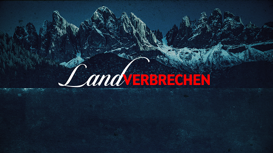 Eine stilisierte Grafik zeigt ein dunkles, alpines Bergpanorama mit Schnee, in der Mitte liegt der Schriftzug „Landverbrechen“, wobei „Land“ elegant weiß und „VERBRECHEN“ in Großbuchstaben in Rot hervorgehoben ist.