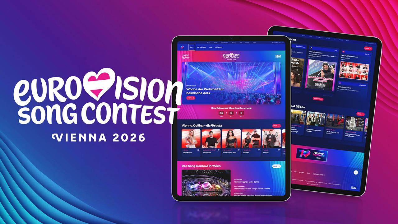 © ORF A colourful graphic advertises the ‘Eurovision Song Contest Vienna 2026’ and shows two tablets with the corresponding ESC website/app next to it.