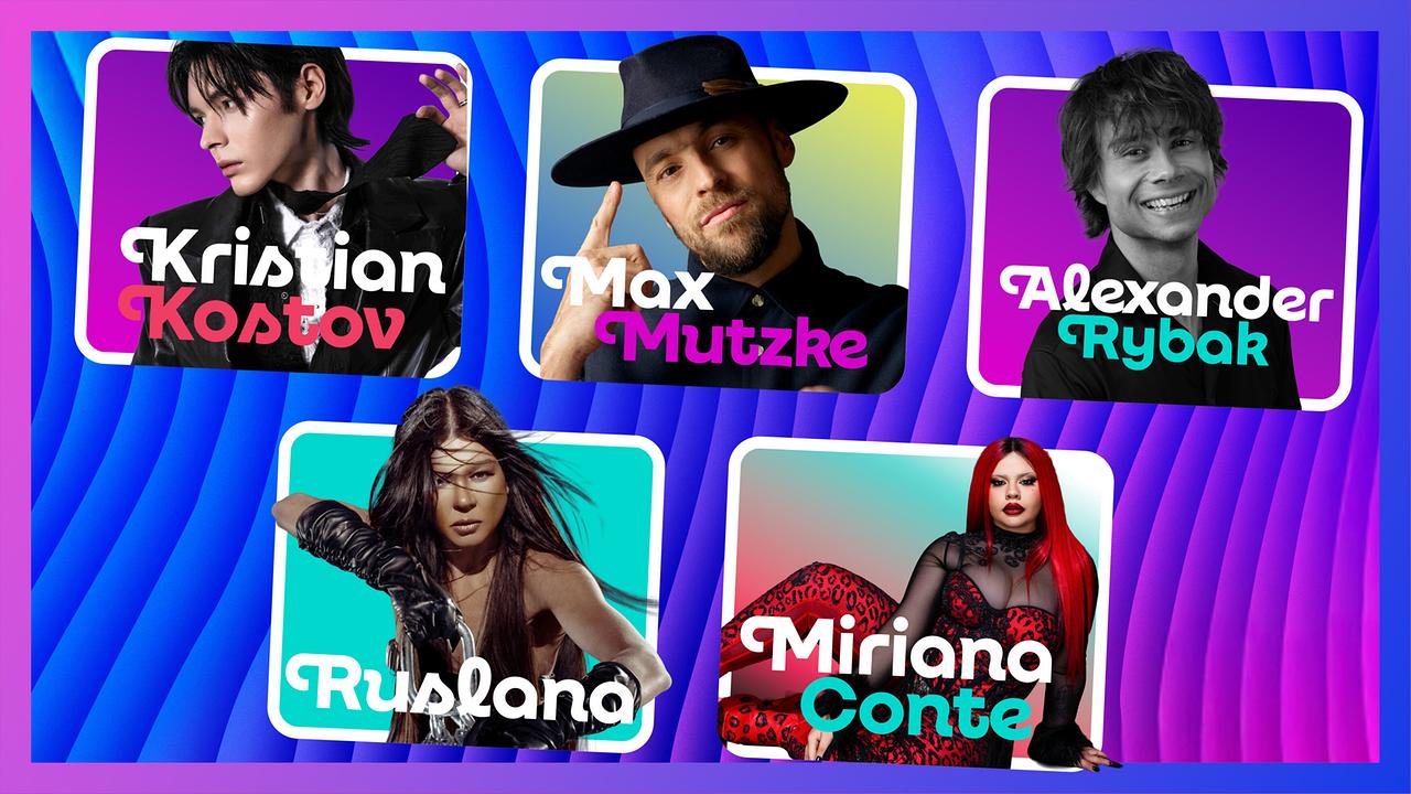 Colorful graphic with five stylized portrait cards of Kristian Kostov, Max Mutzke, Alexander Rybak, Ruslana and Miriana Conte, each with a colored background and superimposed names.