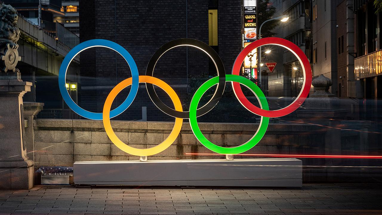 The Olympic Rings are displayed in Tokyo's Nihonbashi district on July 10, 2021.