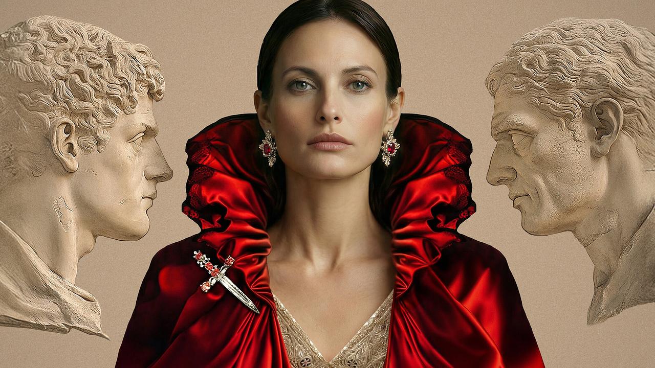 Sujet zur „Tosca“ von der Oper im Steinbruch: Eine zentral positionierte Frau in einem prunkvollen roten Gewand mit hohem Kragen steht vor einem kunstvollen Hintergrund aus klassischen Skulpturenköpfen.