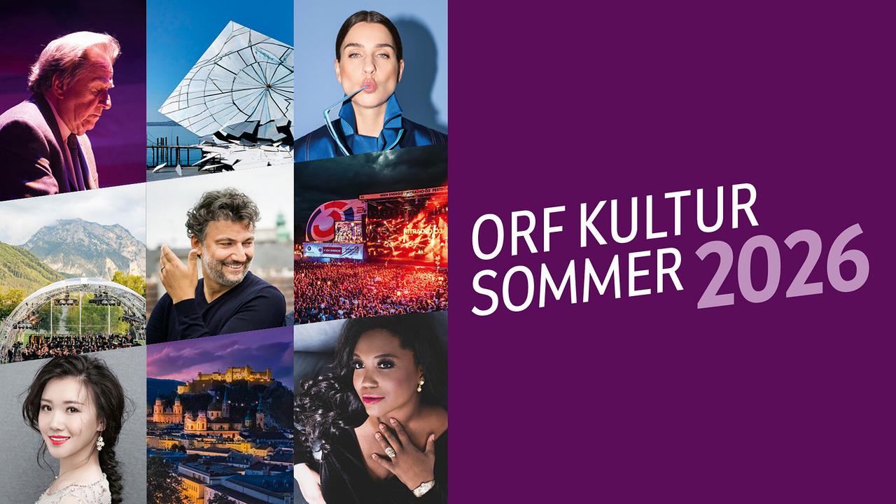 Eine Collage aus verschiedenen Kultur‑ und Veranstaltungsmotiven, kombiniert mit Porträts und einer großen violetten Fläche mit dem Schriftzug „ORF Kultursommer 2026“