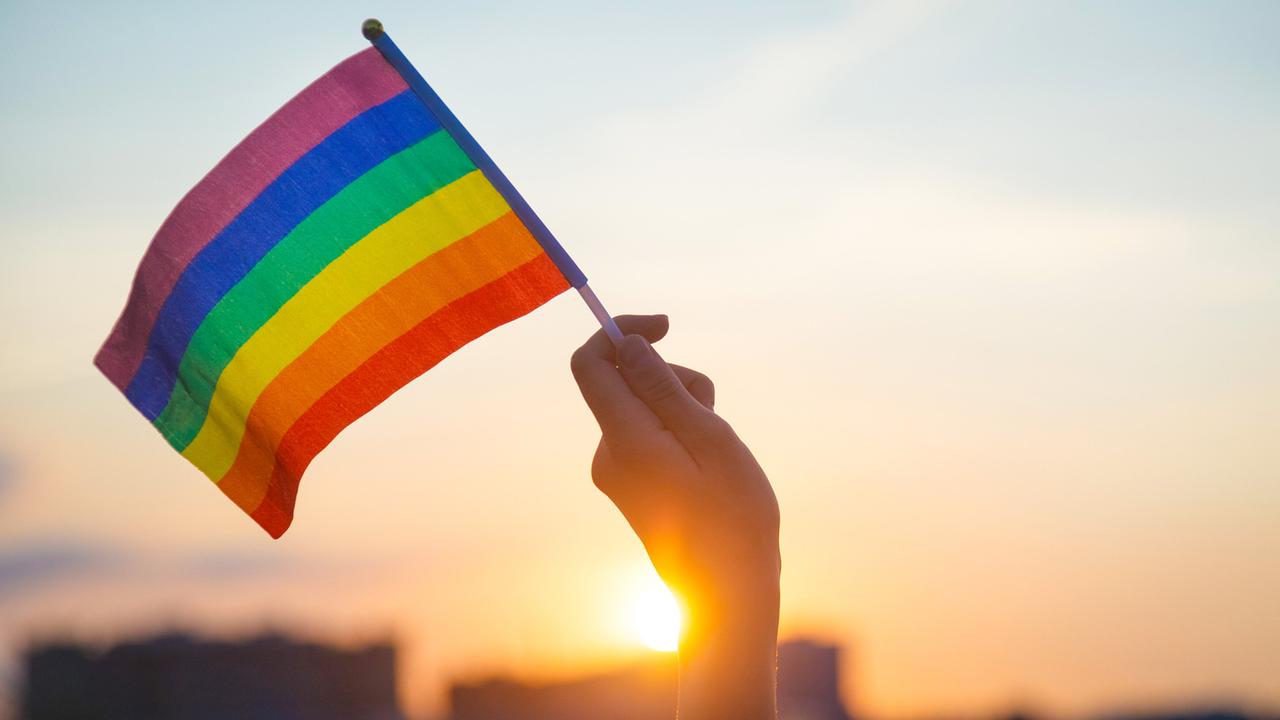 © ORF/Adobe Stock Regenbogenparade: Eine Hand hält eine kleine Regenbogenflagge vor einem warmen Sonnenuntergangshimmel.