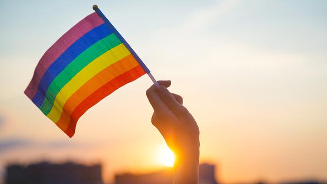 Regenbogenparade: Eine Hand hält eine kleine Regenbogenflagge vor einem warmen Sonnenuntergangshimmel.