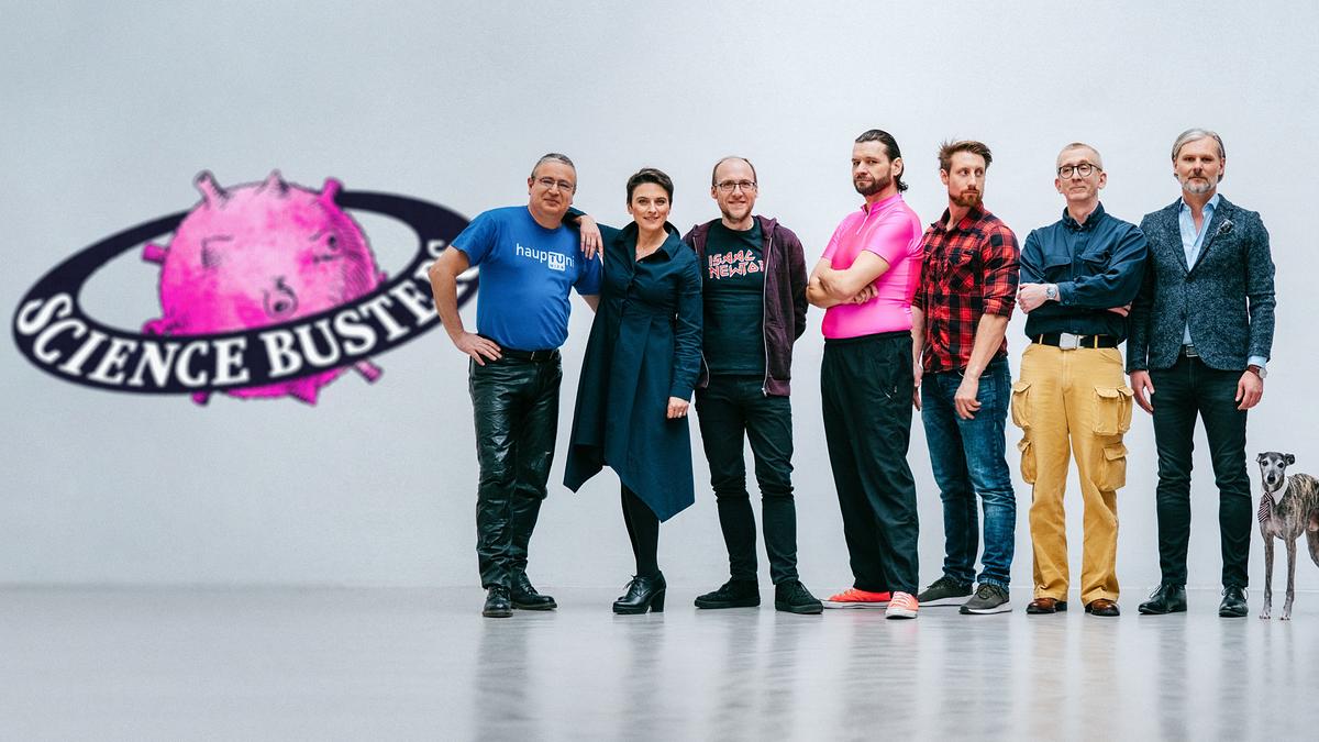 "Science Busters - Wer nichts weiß muss alles glauben": Peter Weinberger, Elisabeth Oberzaucher, Florian Freistetter, Martin Puntigam, Martin Moder, Günther Paal, Helmut Jungwirth