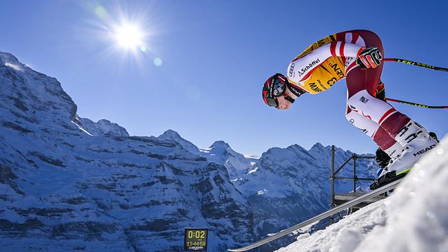 Stefan Babinsky of Austria in action at the start during a training session of the men's downhill race at the Alpine Skiing FIS Ski World Cup in Wengen, Switzerland, Tuesday, January 11, 2022