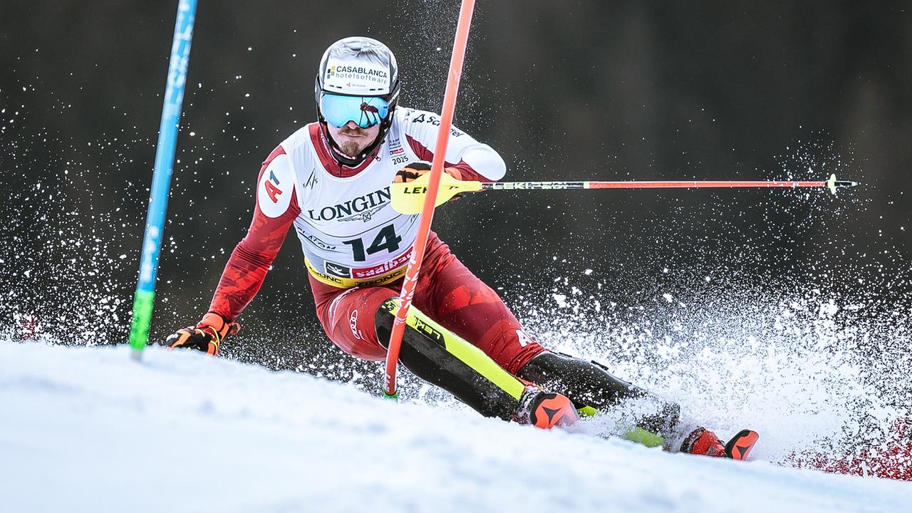 Manuel Feller (AUT) am Mittwoch, 12. Februar 2025, in Aktion im Slalom in der Team-Kombination der Männer, anl. der alpinen Ski-WM in Hinterglemm.