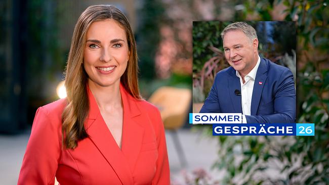 Eine Montage zu den „Sommergesprächen 26“ mit der lächelnden Simone Stribl im roten Blazer abends auf einer Terrasse mit einem Tisch und zwei Stühlen und einem eingeblendeten Interviewbild von Andreas Babler.