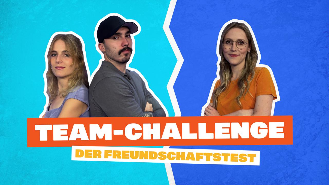 © ORF Grafik für „Team-Challenge – Der Freundschaftstest“ mit Lisa, Stefan und Lena vor einem zweigeteilt türkis-blauen Hintergrund.