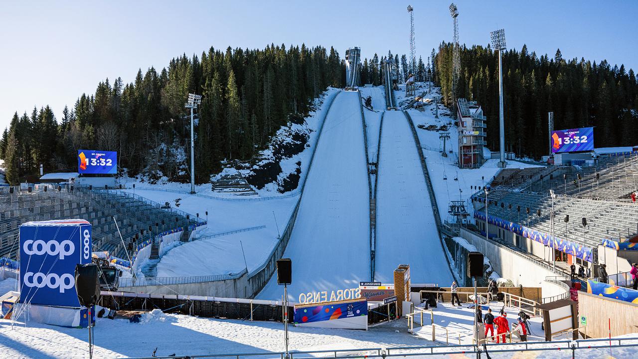 Die Granasen SJ Arena ist im Vorfeld der FIS Nordischen Ski-Weltmeisterschaften am 25. Februar 2025 in Trondheim, Norwegen, abgebildet.