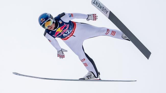 Daniel Tschofenig (AUT) am Freitag, 26. Jänner 2024, während eines Trainings im Rahmen der Skiflug-Weltmeisterschaften am Kulm in Bad Mitterndorf