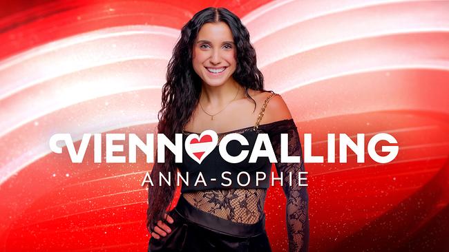 © ORF/Klaus Titzer Anna-Sophie in front of a red‑white‑red “Vienna Calling” graphic
