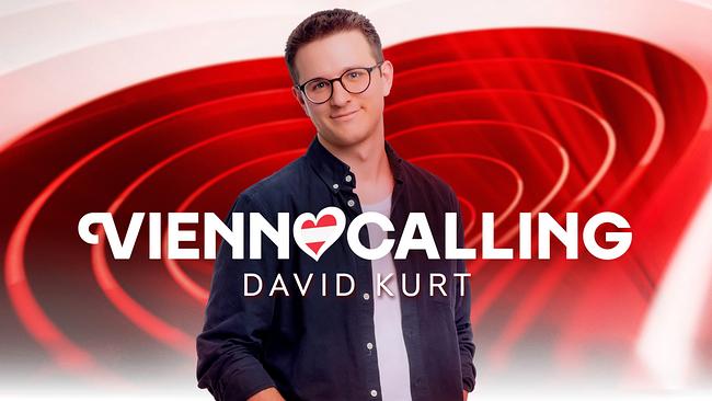 © ORF/Klaus Titzer David Kurt in front of a red‑white‑red “Vienna Calling” graphic