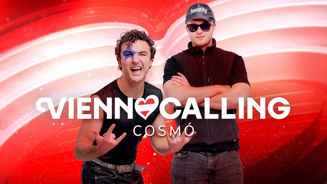 © ORF/Klaus Titzer Cosmó (2 men) in front of a red‑white‑red “Vienna Calling” graphic