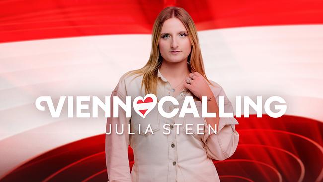 © ORF/Klaus Titzer Julia Steen in front of a red‑white‑red “Vienna Calling” graphic