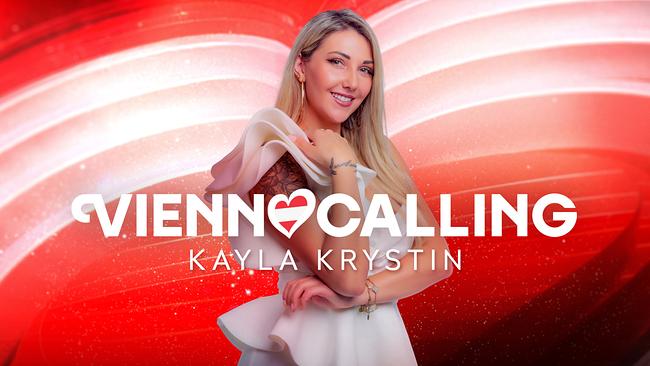 © ORF/Klaus Titzer Kayla Krystin in front of a red‑white‑red “Vienna Calling” graphic