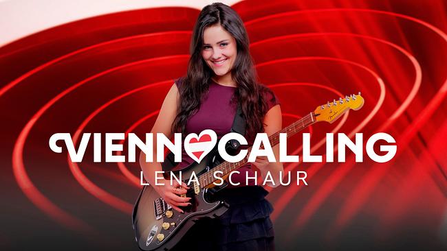 © ORF/Klaus Titzer Lena Schaur in front of a red‑white‑red “Vienna Calling” graphic