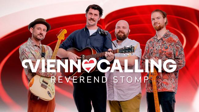 © ORF/Klaus Titzer Reverend Stomp (four people) in front of a red‑white‑red “Vienna Calling” graphic