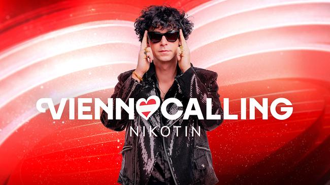 © ORF/Klaus Titzer Nikotin in front of a red‑white‑red “Vienna Calling” graphic