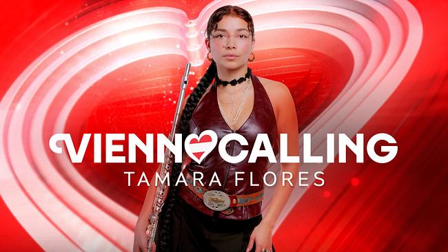 © ORF/Klaus Titzer Tamara Flores in front of a red‑white‑red “Vienna Calling” graphic