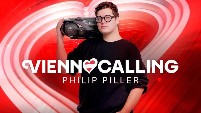 © ORF/Klaus Titzer Philip Piller in front of a red‑white‑red “Vienna Calling” graphic