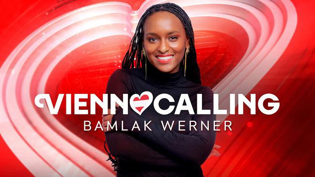 © ORF/Klaus Titzer Bamlak Werner vin front of a red‑white‑red “Vienna Calling” graphic