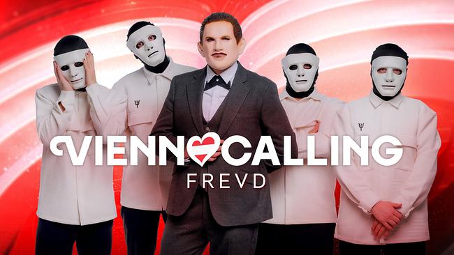 © ORF/Klaus Titzer The group Frevd (five people) in front of a red‑white‑red “Vienna Calling” graphic.