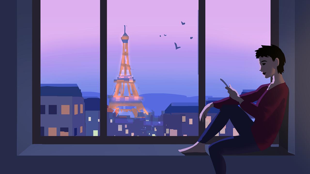 © ORF/Gebhardt Productions/Grafik Florian Bo Visualisierung: Eine Person sitzt am Fenster mit einem Smartphone, mit Blick auf den beleuchteten Eiffelturm bei Dämmerung.