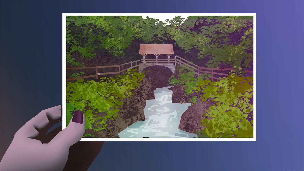 © ORF/Gebhardt Productions/Grafik Florian Bo Visualisierung: Eine Hand hält ein Foto einer Holzbrücke über einem Wasserfall im Wald.