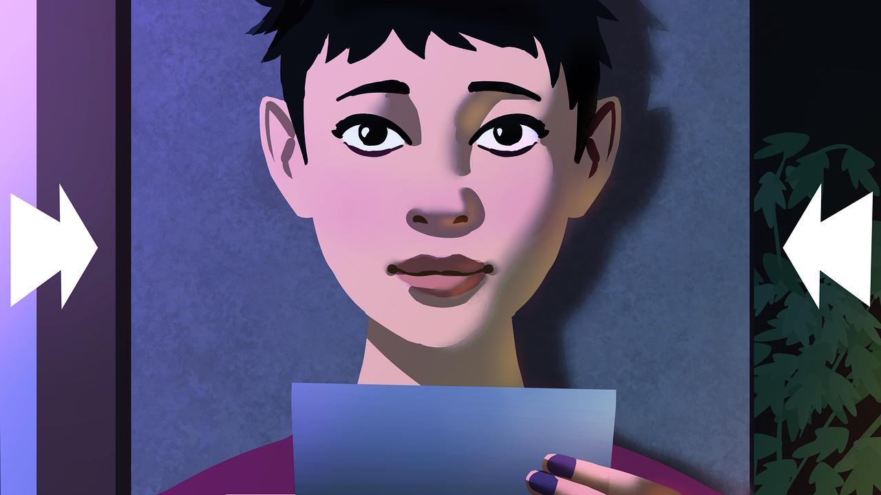 © ORF/Gebhardt Productions/Grafik Florian Bo Visualisierung: Eine Person hält ein Foto vor einer Wand mit seitlichen Pfeilen.