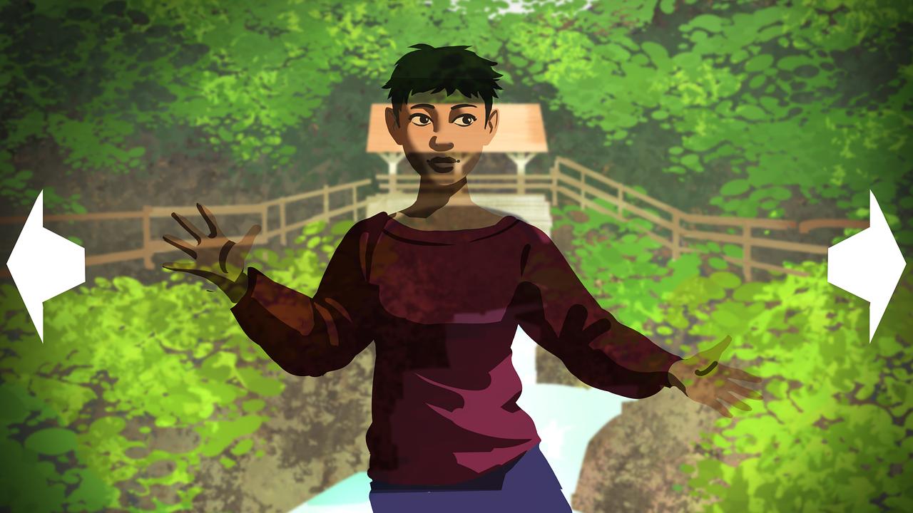 © ORF/Gebhardt Productions/Grafik Florian Bo Visualisierung: Eine Person balanciert vor einer Holzbrücke inmitten grüner Natur.