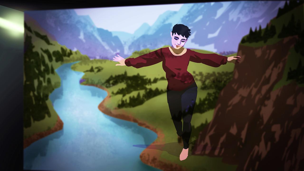 © ORF/EBU Visualisierung: Eine Person balanciert am Rand einer Klippe mit Blick auf einen Fluss im Gebirge.