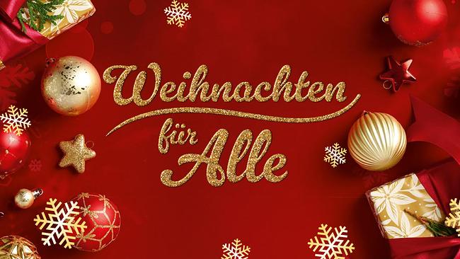 Ein rotes, festlich dekoriertes Weihnachtsmotiv mit goldenen Schriftzügen „Weihnachten für Alle“, umgeben von Christbaumkugeln, Schneeflocken und Geschenken.