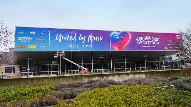 © ORF/Roman Zach-Kiesling View of the Wiener Stadthalle, where the canopy is draped with a large banner for the "Eurovision Song Contest – Vienna 2026" with ORF branding.