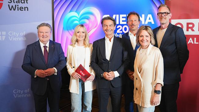 © ORF/Roman Zach-Kiesling Mayor Michael Ludwig, Tina Ritschl, ORF Director General Roland Weißmann, ESC Executive Producer Michael Krön (ORF), ORF Programme Director Stefanie Groiss-Horowitz, ESC Director Martin Green (EBU)