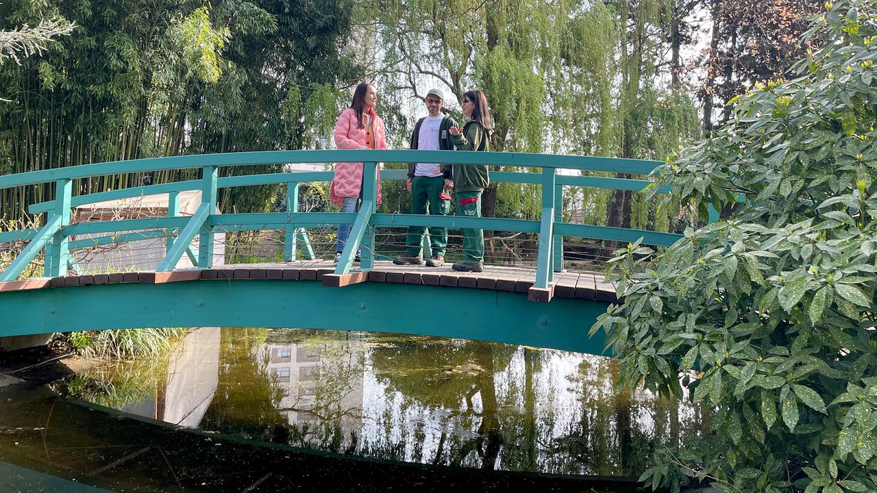 © ORF/Ab Hof TV Produktion Maggie Entenfellner steht mit Gärtner Christoph Platz und Gärtnerin Beatrice Hagenberger auf einer grünen Fußgängerbrücke in einem Park, umgeben von Bäumen und einem Gewässer darunter.