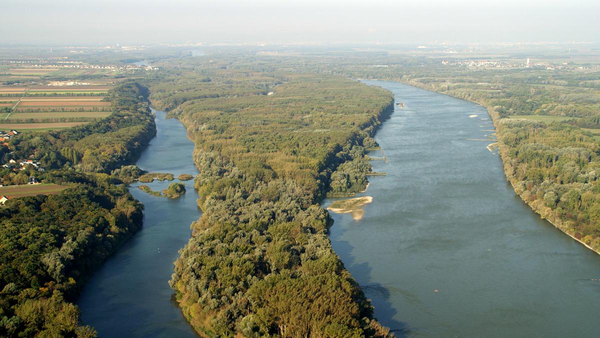 Ein schmaler Nebenarm der Donau, in der Mitte dichte, grüne Vegetation, dann der breitere Hauptstrom. Am Rand sind Felder und Siedlungen in der Ferne erkennbar.