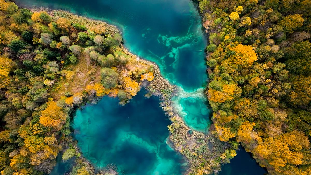 Zwei leuchtend türkise Wasserflächen, die durch eine schmale Landbrücke getrennt sind. Die umliegenden Wälder sind in herbstliche Farben getaucht.