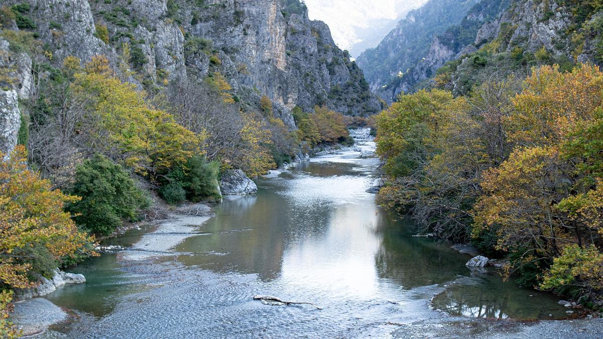 Der Fluss bahnt sich seinen Weg durch eine Schlucht, die Blätter der Laubbäume sind herbstlich verfärbt.