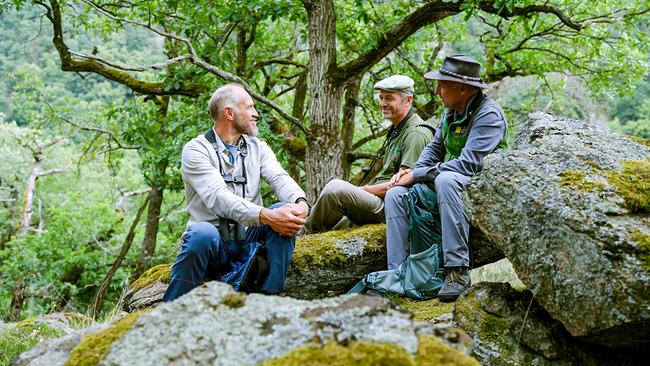 © ORF/RANFILM Hermann Maier, Robert Müllner und Josef Solar sitzen auf einem moosbewachsenen Felsen im Wald.
